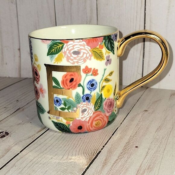 Anthropologie Letter E Rifle Paper Co Floral Garden Coffee Tea Monogram Mug Cup - Picture 1 of 6